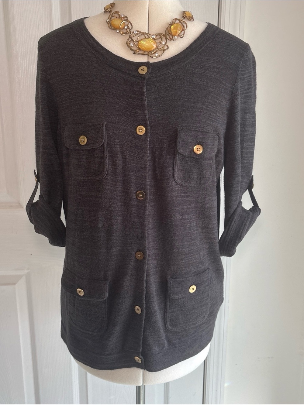J. Crew Charcoal Button-Front Pocket Cardigan